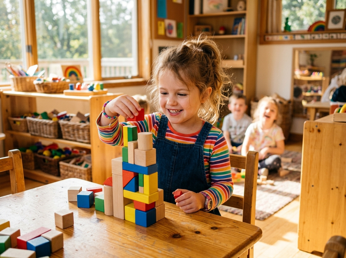 Happy child building colorful blocks at Tulip Kids Willow Ave