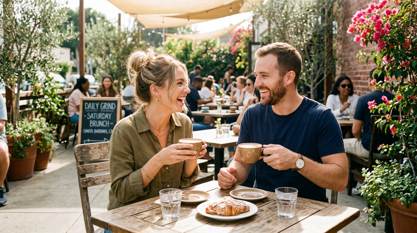 Parents relaxing and enjoying outdoor brunch in California